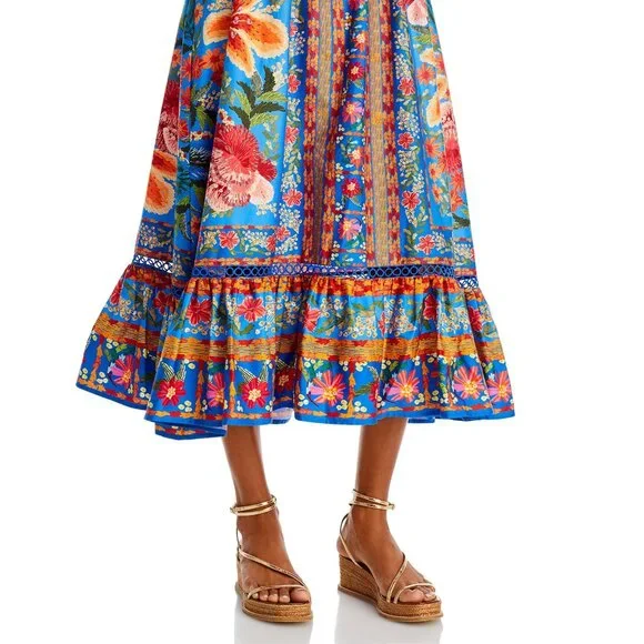 FARM Rio Stitched Garden Print Cotton Midi Dress, Blue/Pink, NWT  -  joarbit.com